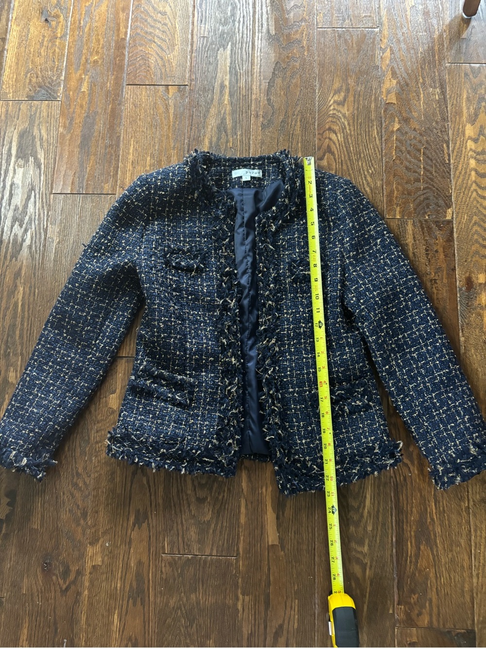 Vintage Puzuo Navy Tweed Frayed-Trim Jacket - Women's